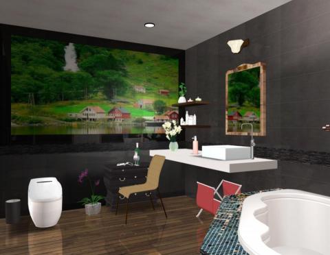 GiNA's Design House - 採用大面積的暗色方塊牆面及大幅風景畫，呼應拼木地板散發出的自然氛圍；局部以搭配明亮的燈光和白色浴缸，水槽和馬桶，有效提亮了整個空間，讓這間浴室看來個性十足