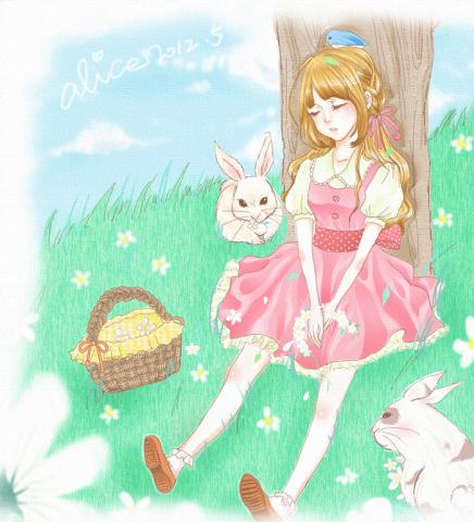 Alice插畫&平面設計 - 自創插圖-森林系女孩與兔