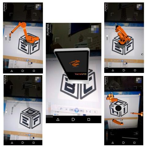 席爾科技有限公司 - AR Robot Arm
1.模擬現實中，大型觸碰螢幕(約2公尺高)的展示情形。 可放大縮小「白色機台」，可旋轉螢幕內的「橘色機具」。
2.模具透視效果與運作模擬。 ON/OFF開關可開啟半透明效果。 觸碰會觸發「橘色機具」夾取鋼球，再觸碰一次即會觸發移動鋼球位置後收回機具。
3.類似拼圖的機具組合遊戲。
透過三組AR展示可讓員工更了解機具構造。