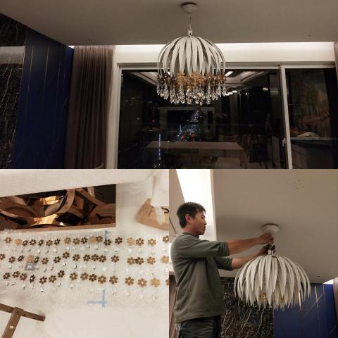 胡羽蝶 - 安裝進口水晶吊燈，拉線