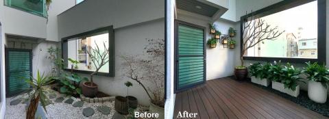 穎泰空間設計有限公司 - 清除舊有雜物，運用建築窗框將植物合入框中就像一幅自然窗景，順帶將一旁的壁牆，加入了人造植栽掩蓋了牆壁上老舊的痕跡。