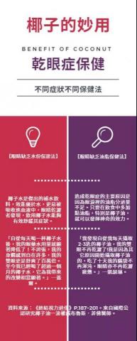 【黃金椰子油 專注翻轉普通家庭的命運】 - 【椰子油和椰子水v.s不同類型的乾眼症】

〈椰子的妙用─乾眼症保健〉

【眼睛缺乏水份保建法】

椰子水是傑出的補水飲料，效能優於水，更易被吸收進血液中，眼睛乾澀者發現，飲用椰子水能夠有效舒緩其症狀。

見證分享:「自從每天喝一杯椰子水後，我的眼藥水用量就顯著降低了！不誇張，我的身體感到自在許多，我的雙眼更是舒爽了百萬倍。至今我已經喝了超過一個月的椰子水，它為我帶來的改變相當顯著。」─蓋爾。

【眼睛缺乏油脂保健法】

造成乾眼症的主要原因是因為眼淚裡的油脂分泌量不足。只要在飲食中多加點油脂，特別是椰子