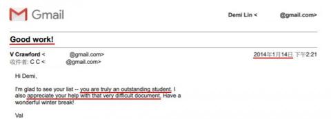 Demi - 曾協助台北醫學大學國際事務處翻譯多項文件，主管評語。