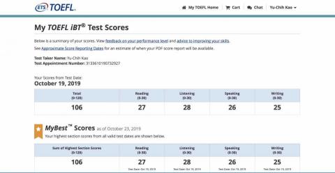 高昱淇 - 托福成績